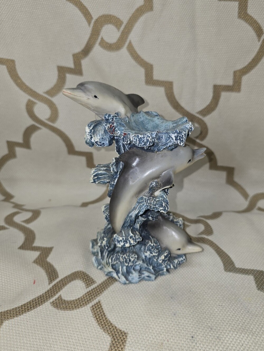 Trio of Dolphins on the Waves Figurine Turtle King 7"H Decor Read Below